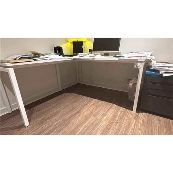 EQ3 WHITE CORNER DESK AND DRAWER PEDESTAL. 63" X 69"  NO CONTENTS