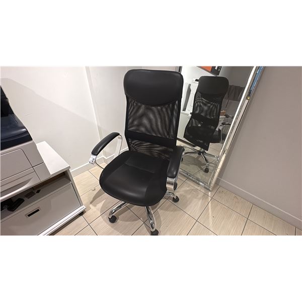 BLACK MESH BACK CHAIR. POLISHED ARMS AND BASE.