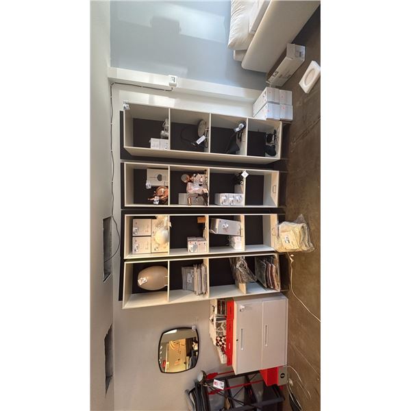 GROUP OF 4 DISPLAY SHELVES. 7' HIGH.
