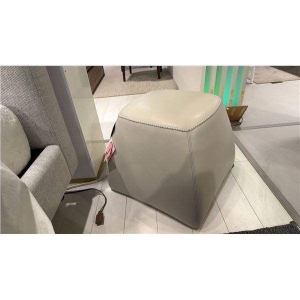 NATUZZI LIGHT GREY LEATHER OTTOMAN WITH CASTORS. 20" X 20" X 17"HIGH RETAIL $1000