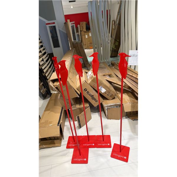 GROUP OF 5 STANDING RED BIRDS. 43"H. METAL. CAN BE USED AS CLIPS AS SHOWN IN PHOTO