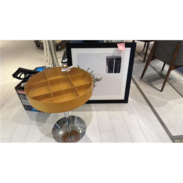 EQ3 TABLE WITH GLASS TOP. COULD BE USED FOR CURIOS. 19" DIAMETER. PLUS 28" X 28" PRINT