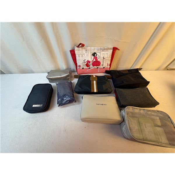 9 small toiletrie bags with travel supplies