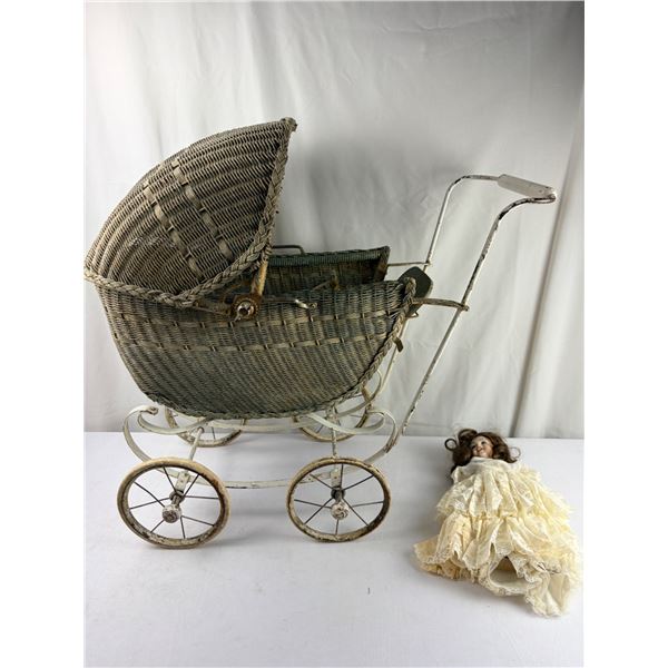 Antique Victorian Style Doll Carriage with Porcelain Doll
