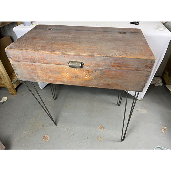 Big wooden tool box table with 28" hairpin legs