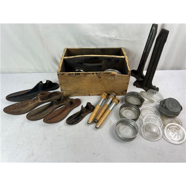 Wooden box with 3 wooden spools, cobbler stand, Shoe Molds, and mason jar lids