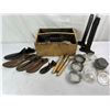 Image 1 : Wooden box with 3 wooden spools, cobbler stand, Shoe Molds, and mason jar lids