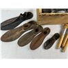 Image 3 : Wooden box with 3 wooden spools, cobbler stand, Shoe Molds, and mason jar lids