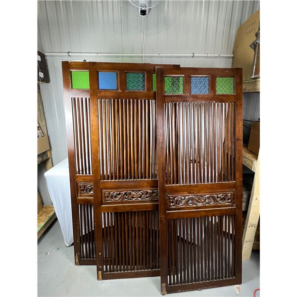 3 Panel Teak room divider with stain glass