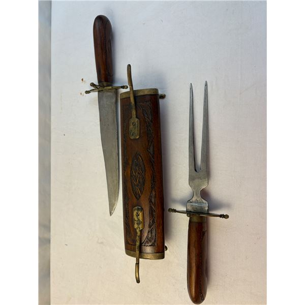 Antique Hand-Carved Wooden Carving Set w/ Brass