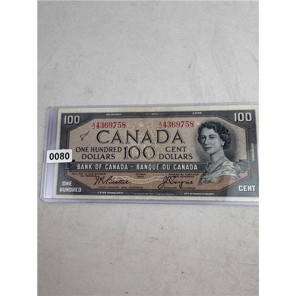 1954 Canadian $100 Bill: Landscape, A/J Prefix