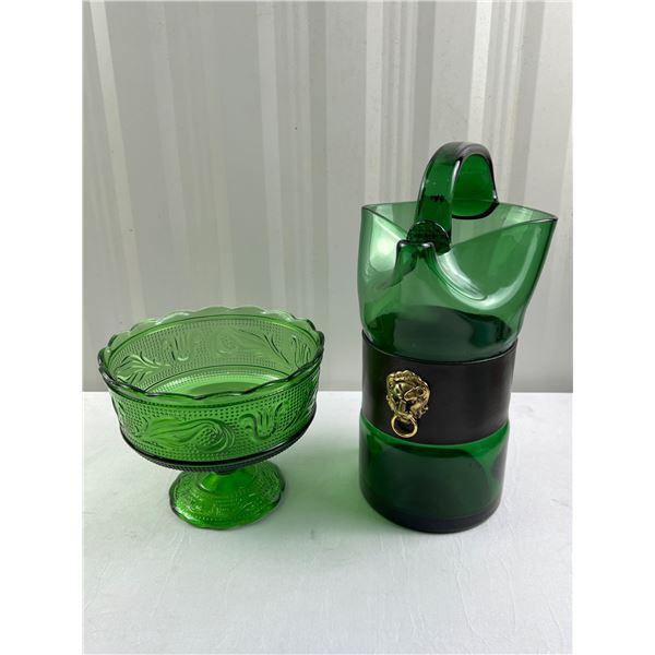 Vintage Green Glass Pitcher, Green Glass Bowl