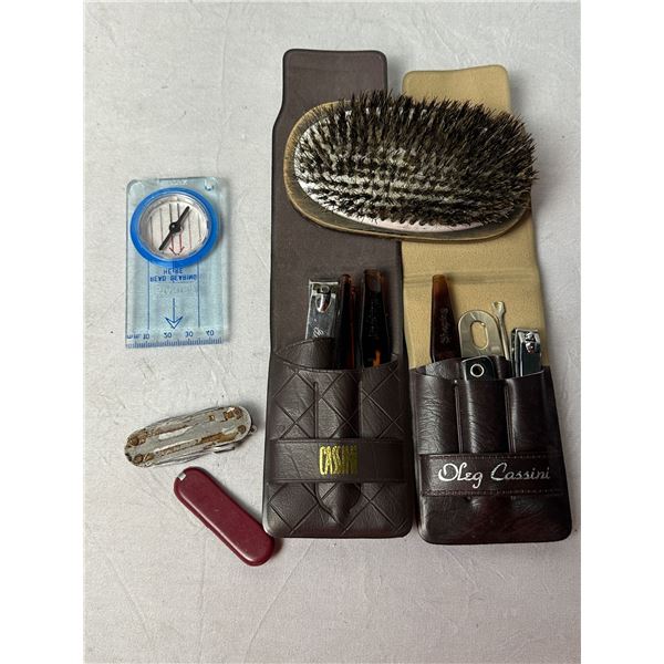 2 sets of men's grooming sets by Oleg Cassini, men's brush, jack knife, compass