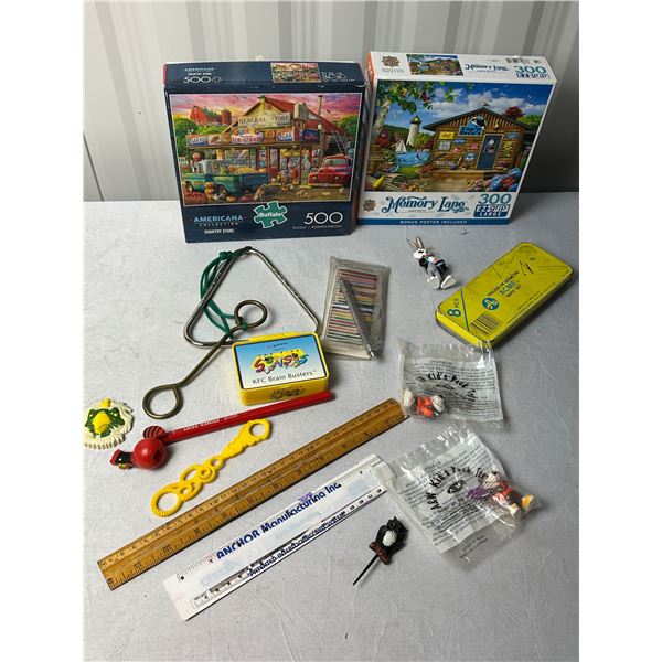 2 jigsaw puzzles, kids toys, math set, triangle music toy, and more