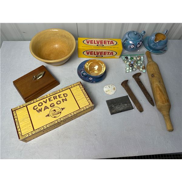 Cheese box priced $1.49, Old rolling pin and bowl, Asian single tea set, and more