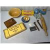 Image 1 : Cheese box priced $1.49, Old rolling pin and bowl, Asian single tea set, and more