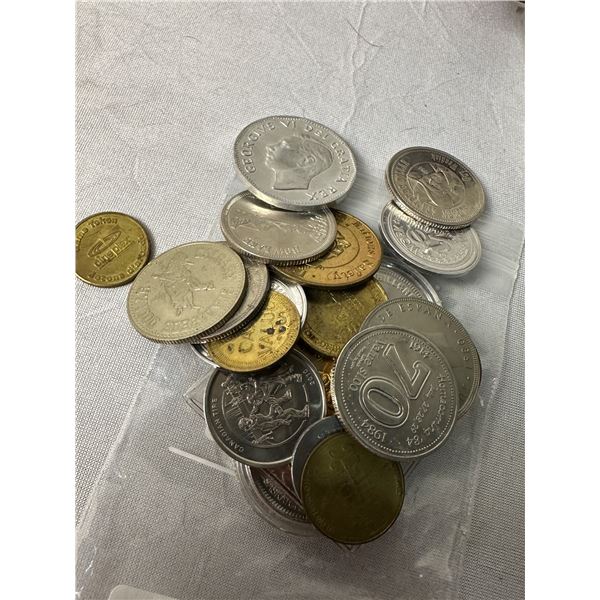 assorted coins and dollars from city events, 1951 large nickle