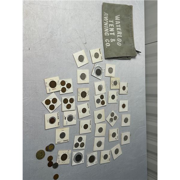 Canvas Deposit bag, and assorted international coins.