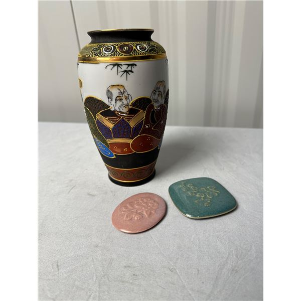 Vintage Japanese Immortals Vase 6 1/4" with gilt finish, 2 votive holders