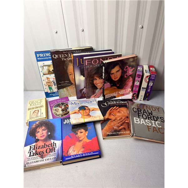 Box of British Royalty and Celebrity books, 3 exercise tapes