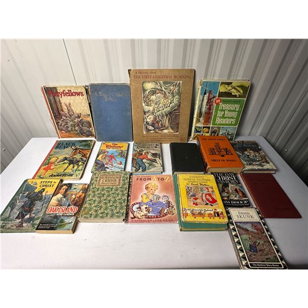 Antique Kids Books lot of 19 1920s to 60s Hardy Boys, Playfellows,Bible Books, Daniel Defoe,