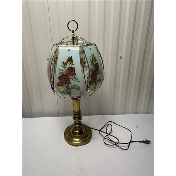 Antique brass and stained glass like lamp. Working 27" tall.