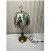 Image 1 : Antique brass and stained glass like lamp. Working 27" tall.