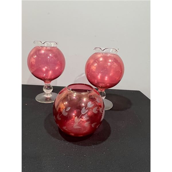 Set of 3 Cranberry Rose Bowls