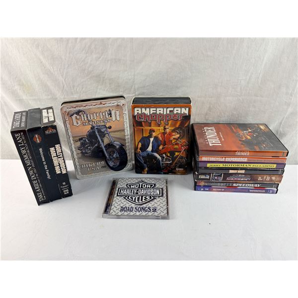 BOX OF ESTATE MOTORCYCLE  DVD'S, VHS, CD'S