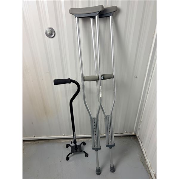 SET OF CRUTCHES AND 4 FOOTED CANE
