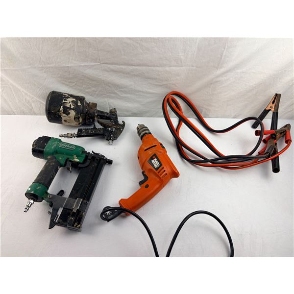 Paint   gun, Jumper cables and corded impact  drill & small staplerl