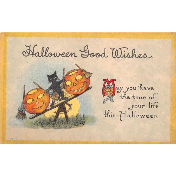 Set of 4 Bergm. Halloween Yellow Border Holiday Greeting Postcards