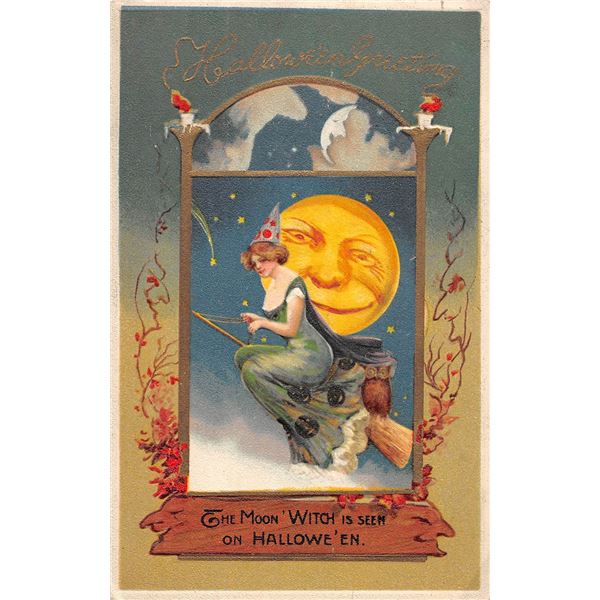 Winsch Schmucker Witch On Broom Halloween Greeting Postcard