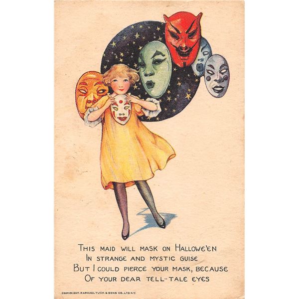 Tuck Schmucker Halloween Series No. 100 Girl & Masks Postcard