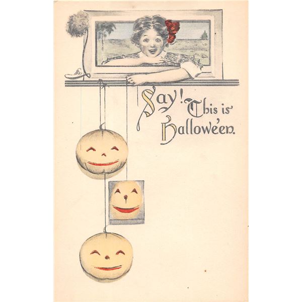 United Art Girl & Jack-o-lanterns Halloween Holiday Postcard