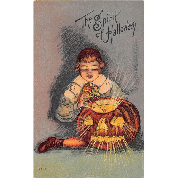 The Spirit Of Halloween Boy Lighting Jack-o-lantern Holiday Postcard