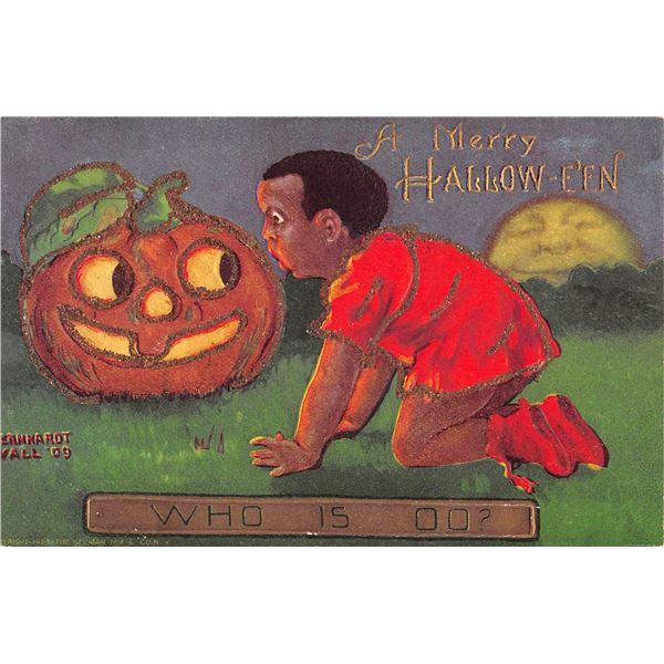 Ullman Black Americana A Merry Halloween Boy & Pumpkin Holiday Postcard