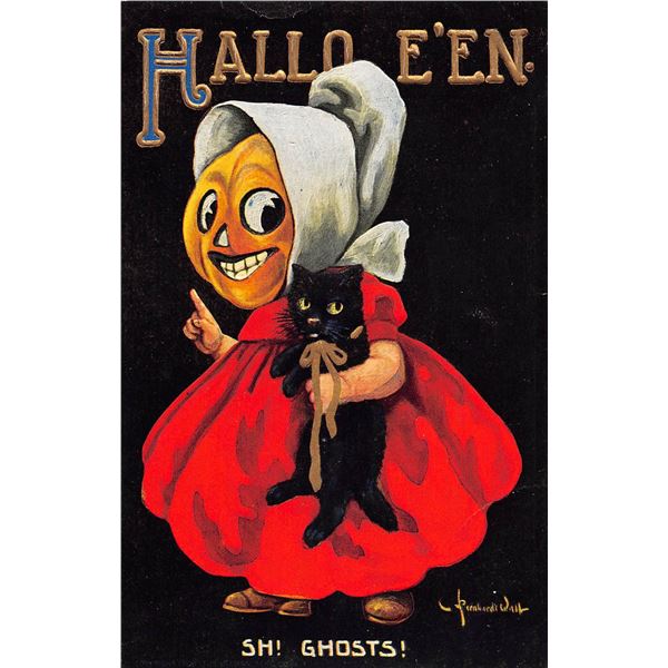 Signed Wall Ullman Pumpkin & Black Cat Halloween Holiday Postcard