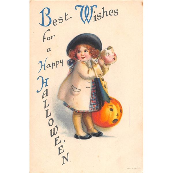 Wolf Best Wishes for A Happy Halloween Girl & Mask Holiday Greeting PC