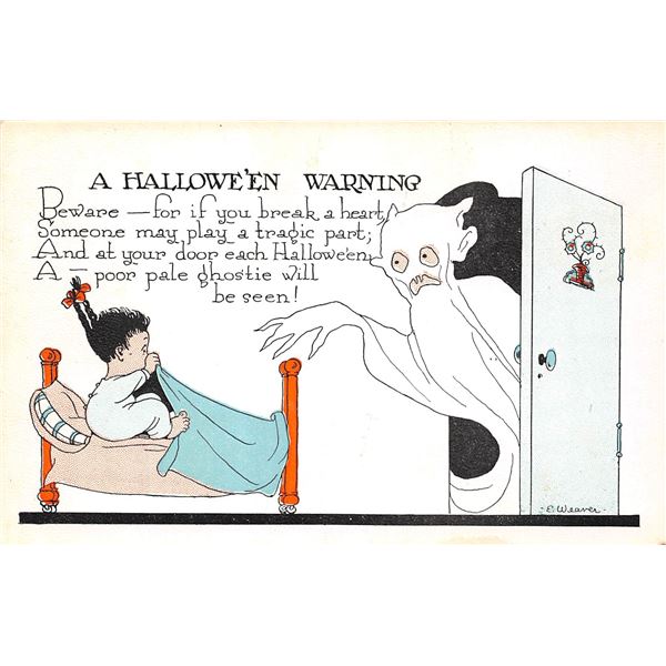 A Halloween Warning Child & Ghost Weaver Holiday Postcard
