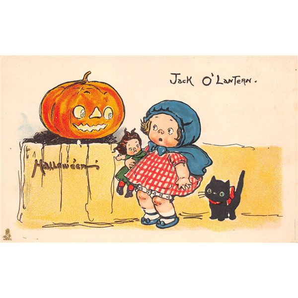 Tuck Series 807 Girl With Doll & Cat with Jack O'lantern Halloween Postcard