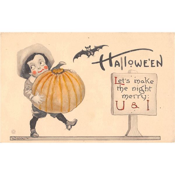 Halloween Bergman Child with Pumpkin & Bat Holiday Greeting PC