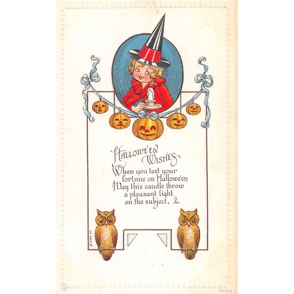 Halloween Girl Witch in Red with Owls Holiday Greeting Postcard