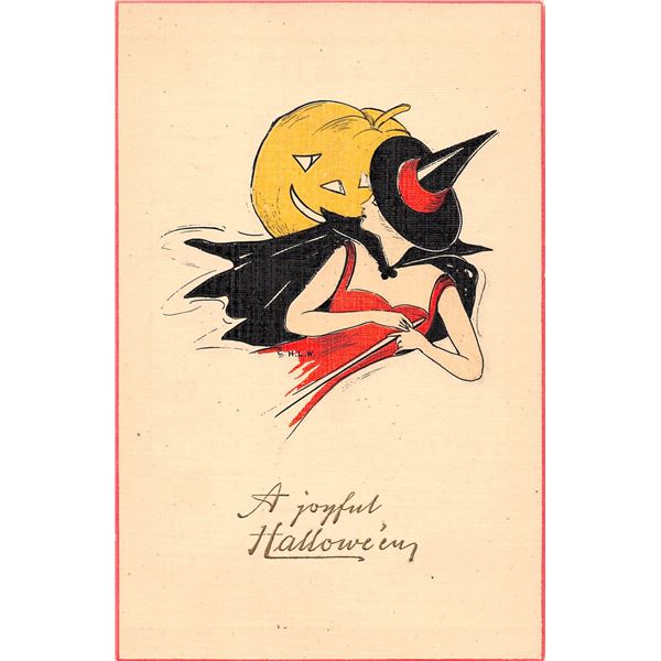 Woehler Halloween Witch in Red & Jack O'Lantern Postcard