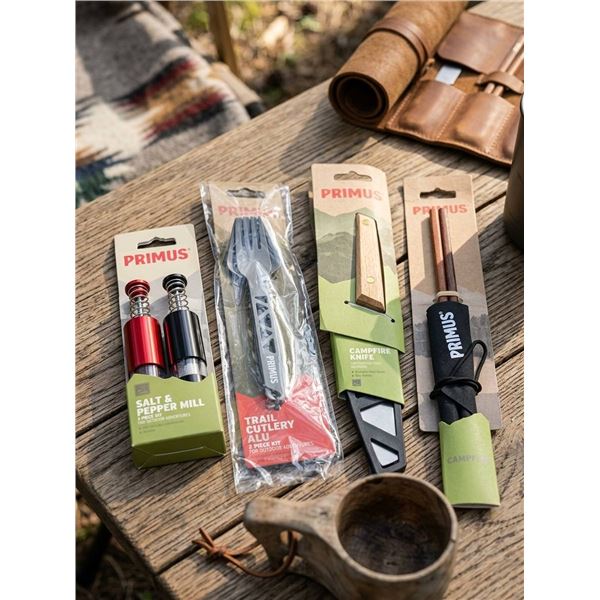 Primus Outdoor Cooking Tool Set; Chopsticks, Knife, Trail cutlery, and a Grinder set
