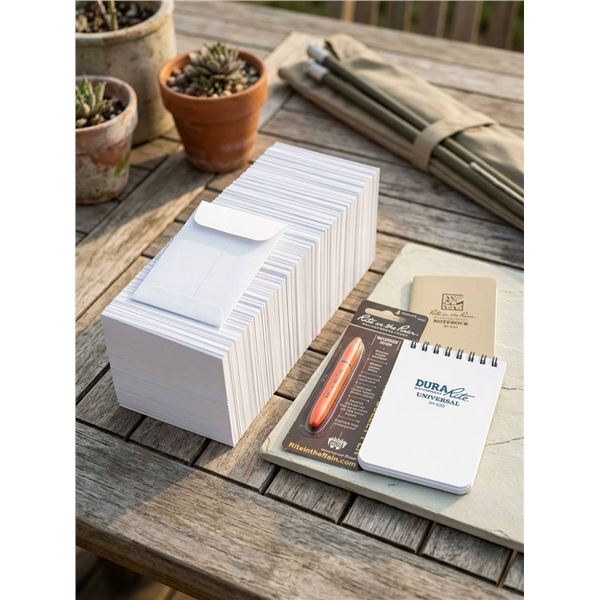 DuraRite Universal Notebook, Bullet Pen, and envelopes