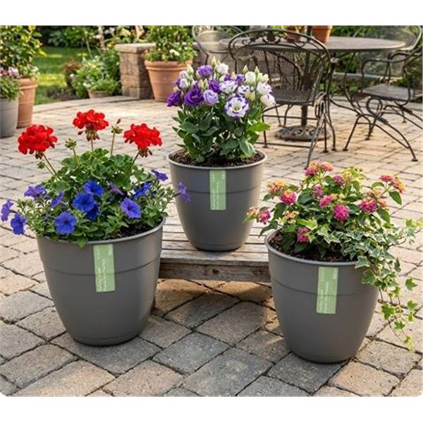 3 gray plastic planters, 12 in