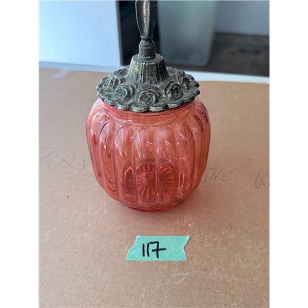 VINTAGE CRANBERRY RED GLASS VESSEL WITH LID