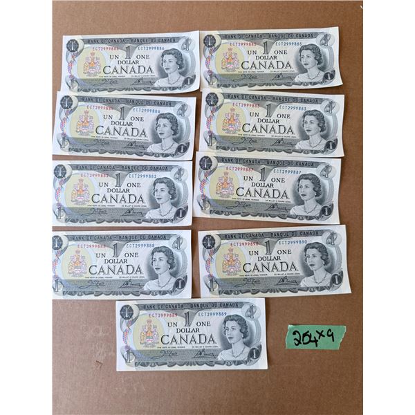 CANADA 1973 1 DOLLAR BANK NOTES (GROUP OF 9) CONSECUTIVE SERIAL NUMBERS