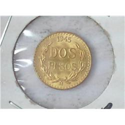 1945 Mexico Two Peso Gold Coin .0482 Oz AGW